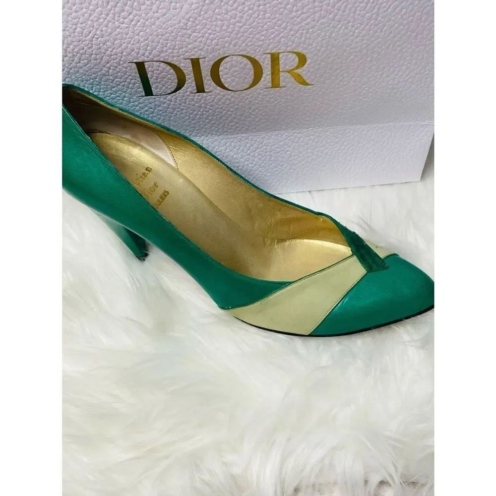 🛍️ Dior (from 1953-63) Authentic Emerald Green, Cream & Gold Color-block Pumps - Picture 7 of 16